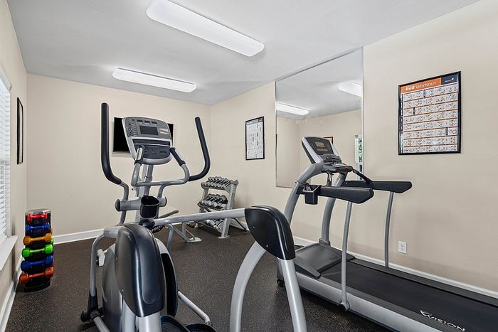 Modern apartment gym featuring state-of-the-art treadmill, elliptical machine, and vibrant free weights.