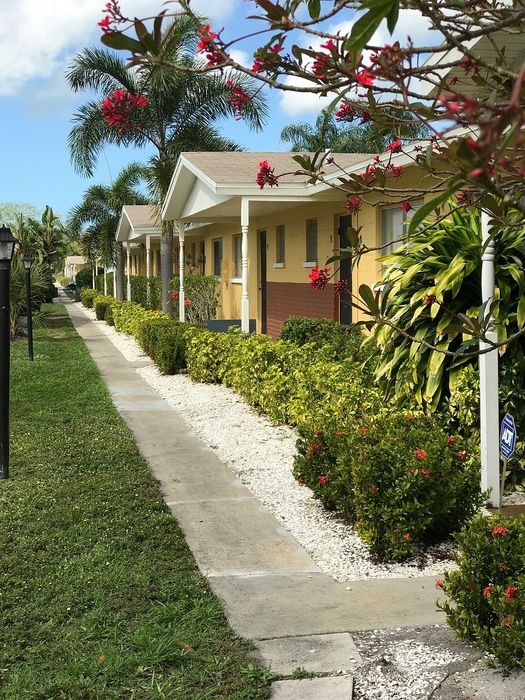 Charming row of bungalows with tropical landscaping and vibrant greenery under a clear blue sky.