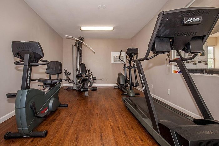 Modern fitness room featuring high-quality exercise equipment with sleek wooden flooring and ample lighting.