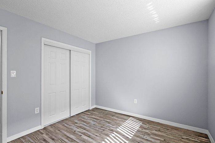 Bright and inviting empty room with elegant wood flooring and modern soft gray walls perfect for any interior design vision.