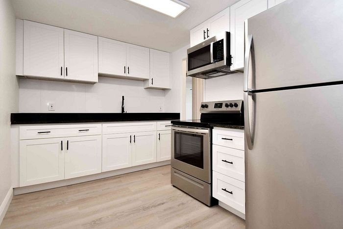 Modern kitchen with sleek stainless steel appliances, white cabinetry, and elegant black countertops.