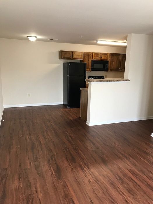 Charming open-concept kitchen with sleek wooden cabinetry and modern appliances, complemented by elegant hardwood flooring.