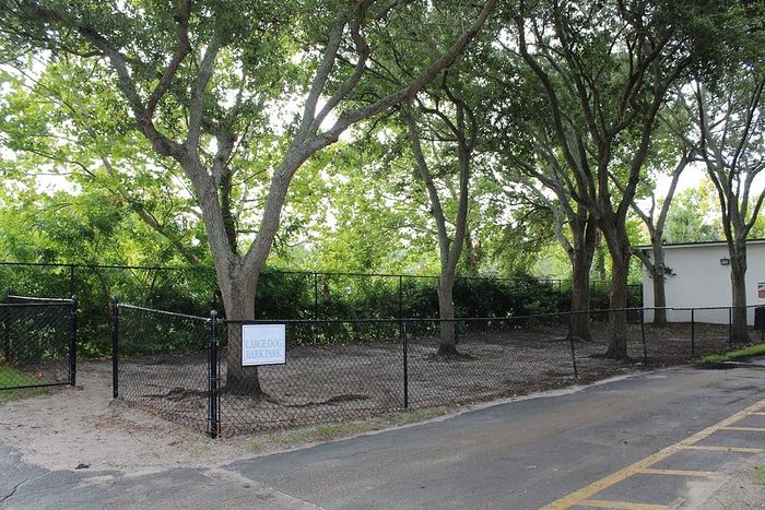 Charming large dog bark park nestled among lush trees with a secure fenced area.