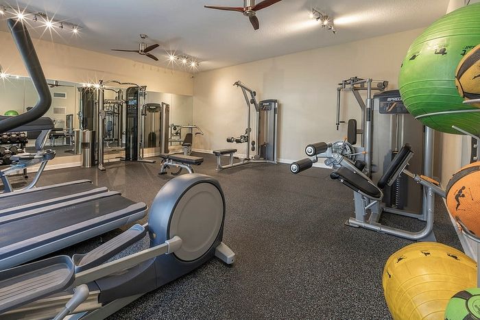 Modern fitness center with state-of-the-art gym equipment, treadmills, and yoga balls in a spacious and well-lit exercise room.