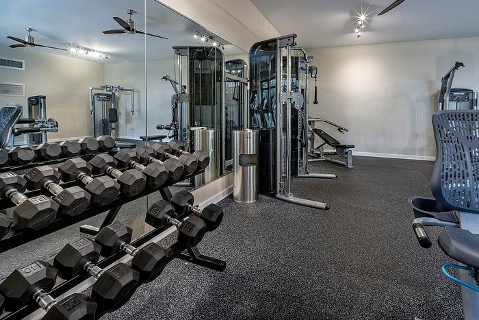Modern fitness center with sleek gym equipment, mirrored walls, and stylish ceiling fans, offering a top-notch workout environment.