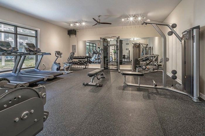 Modern gym facility featuring state-of-the-art treadmills, strength training equipment, and ample natural light.