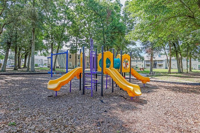 Inviting playground area with vibrant slides and climbing structures surrounded by lush trees, perfect for family enjoyment.