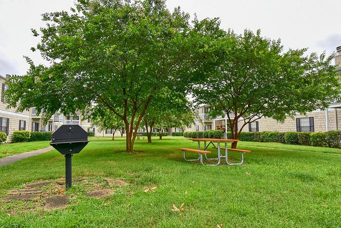 Inviting apartment community with lush green lawns, mature trees, and a picnic area featuring a sturdy table and grill.