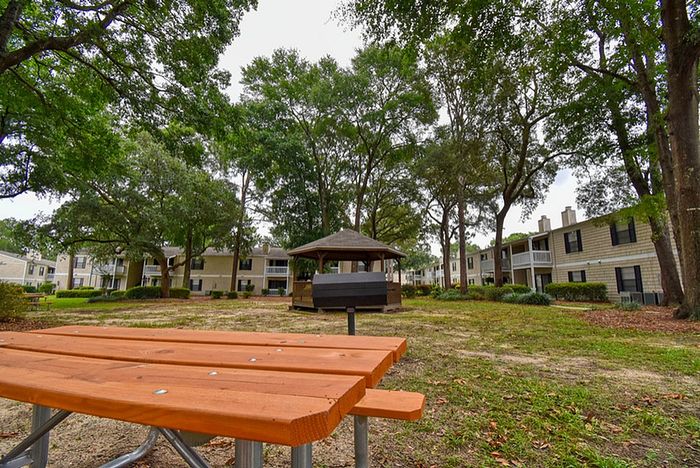 Charming apartment complex featuring lush greenery, a cozy gazebo, and inviting picnic area with modern grill facilities.