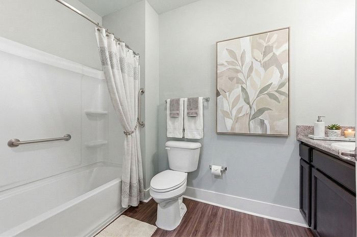 Modern bathroom with elegant artwork, featuring a sleek tub and stylish vanity, accented by rustic wood flooring.