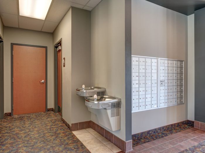 Mail lockers and drinking fountains at University Gate, apartments in Erie, PA.