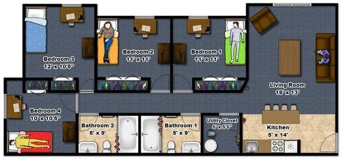 4 bedroom, 2 bathroom