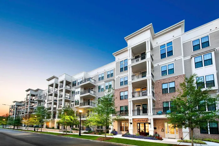 exterior of apartment building at dusk