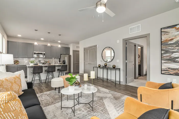 furnished living and kitchen area in apartment home
