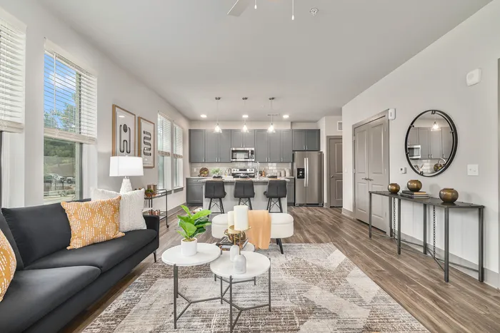 furnished living and kitchen area in apartment home