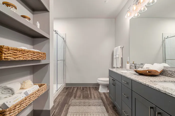 furnished bathroom with standing shower and sink in apartment home