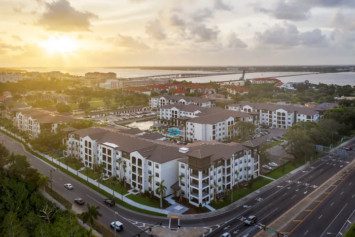 aerial shot of apartmetn builcing at dusk