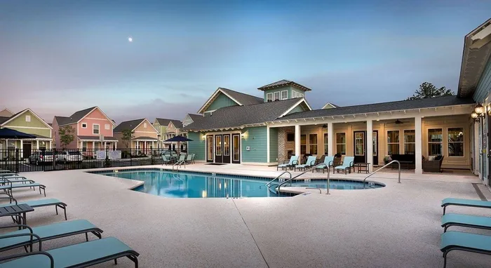 Community outdoor pool at twilight