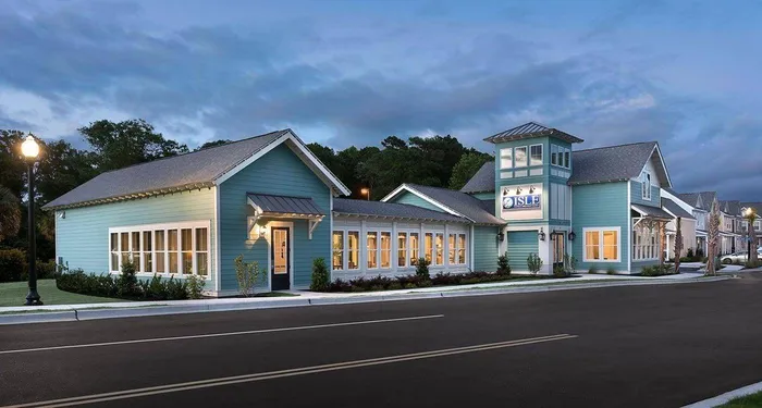 Exterior blue clubroom at twilight