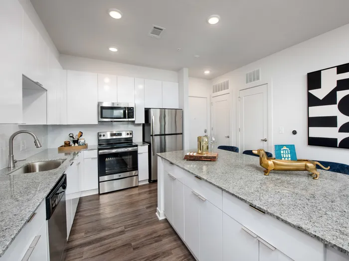 Dog-Friendly Apartments In Atlanta, GA - Spectrum on Spring - Contemporary Open Kitchen With Sleek Stainless-Steel Appliances, Wood-Style Plank Flooring, Modern Lighting, White Cabinets, Granite Countertops, And Kitchen Island With Seating