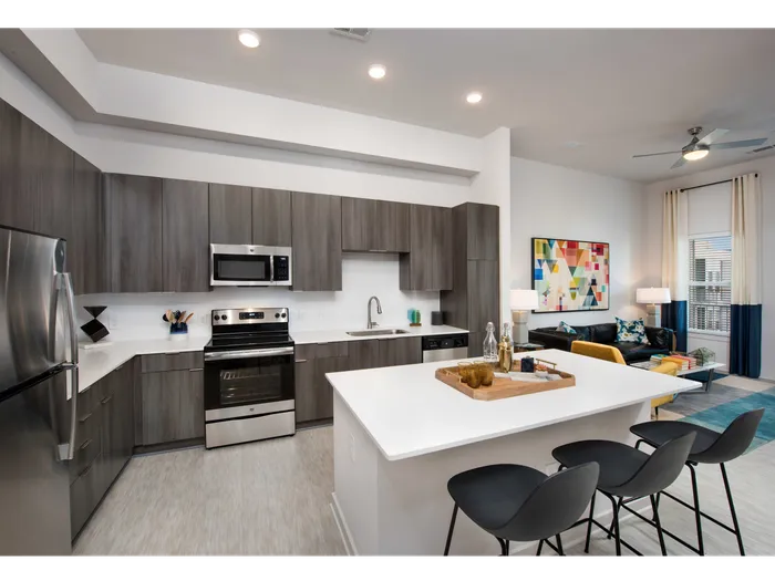 furnished kitchen and living room in apartment