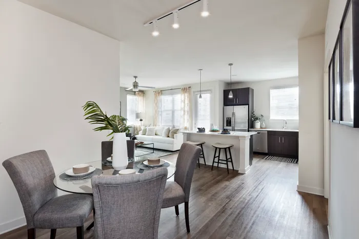 furnished dining area and kitchen of apartment