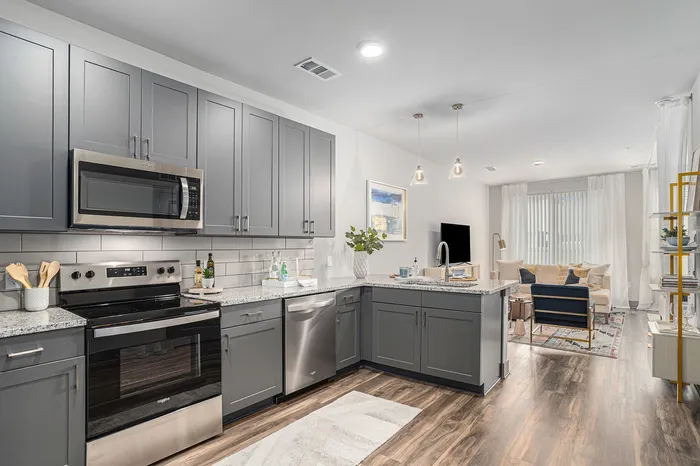 Furnished kitchen with view of living room
