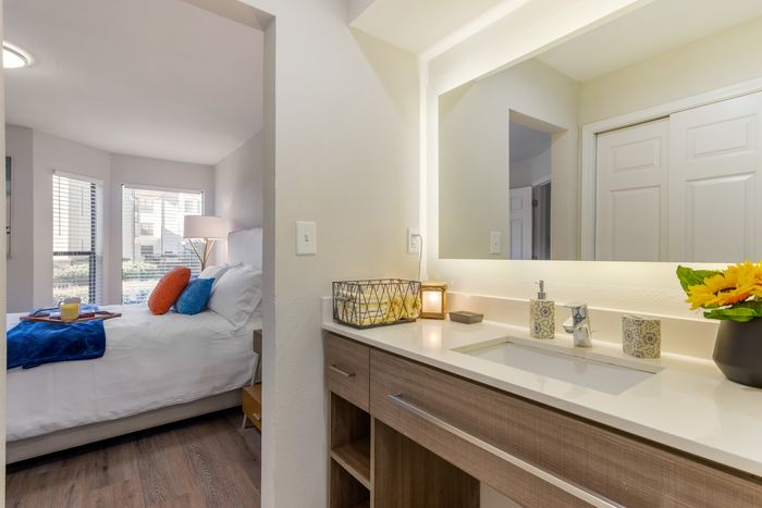 furnished bathroom with countertop in apartment home