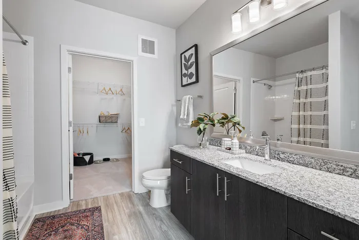 furnished bathroom with sink, toilet and closet in apartment home