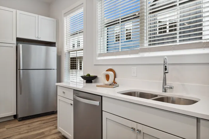 furnished kitchen area with sink and refrigerator in home