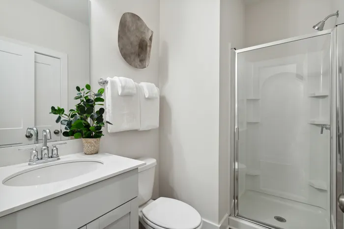 furnished bathroom with toilet, sink and shower in home