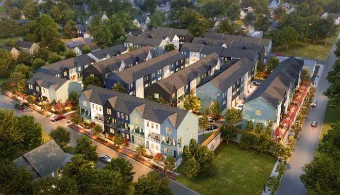 aerial nighttime view of townhome neighborhood