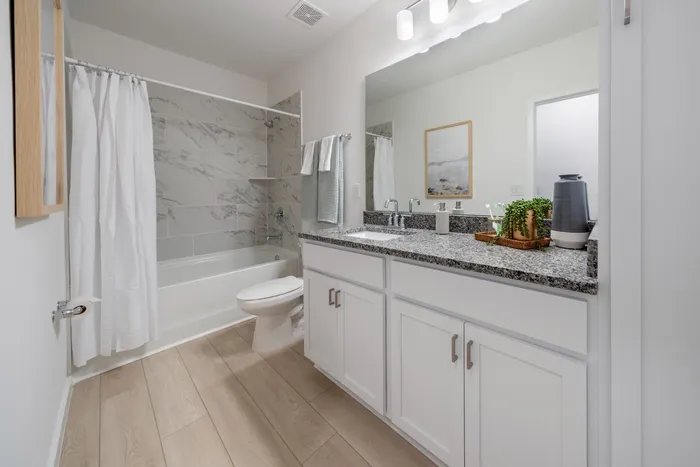 Bathroom with standard bathtub and two sinks