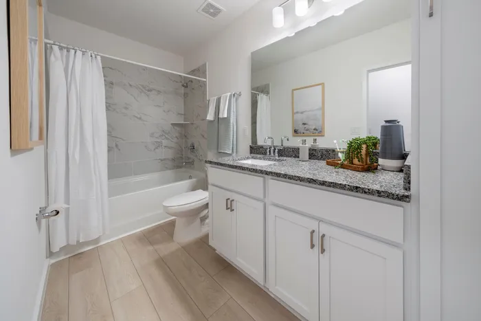 Bathroom with standard bathtub and two sinks