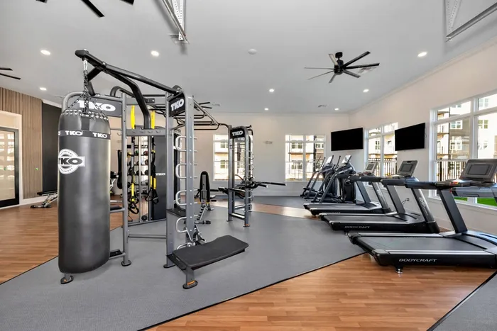 Dog-Friendly Apartments in Athens, AL - Gateway Village - Fitness Center with Wood-Inspired Flooring, Cardio Machines, Large Windows, TVs, and a Workout Area in the Middle