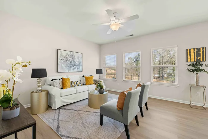 furnished living room with wood style flooring