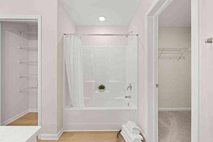 linen closet next to shower tub and main closet