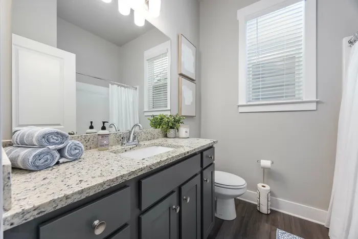 Brand New Opelika, AL Houses - Champions Square - Bathroom with Granite Countertop Sink, Dark Gray Cabinetry, A Large Mirror with Overhead Lighting, Shower with White Shower Curtain, and a Small Window with White Blinds.