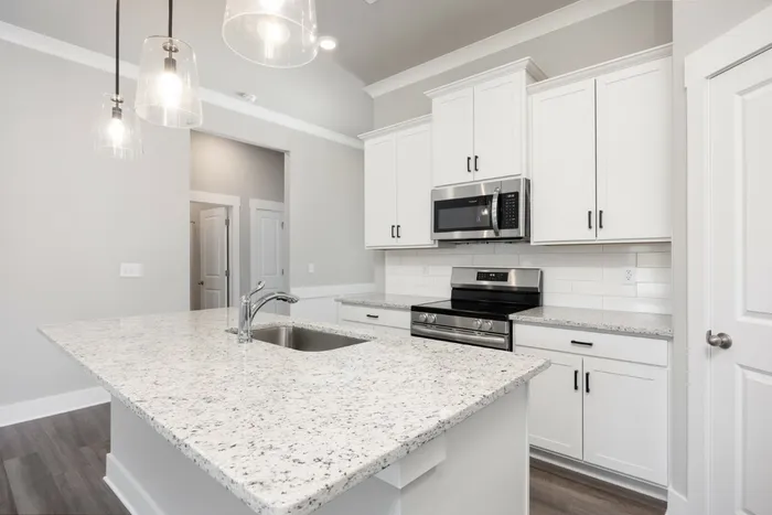 Pet-Friendly Houses for Rent in Opelika - Champions Square - Gourmet Kitchen with a Large Kitchen Island, Granite Countertops, Stainless Steel Appliances, Including a Single Bowl Stainless Steel Undermount Sink, White Cabinetry, Overhead Lighting Fixtures, and Luxury Vinyl Plank Flooring.