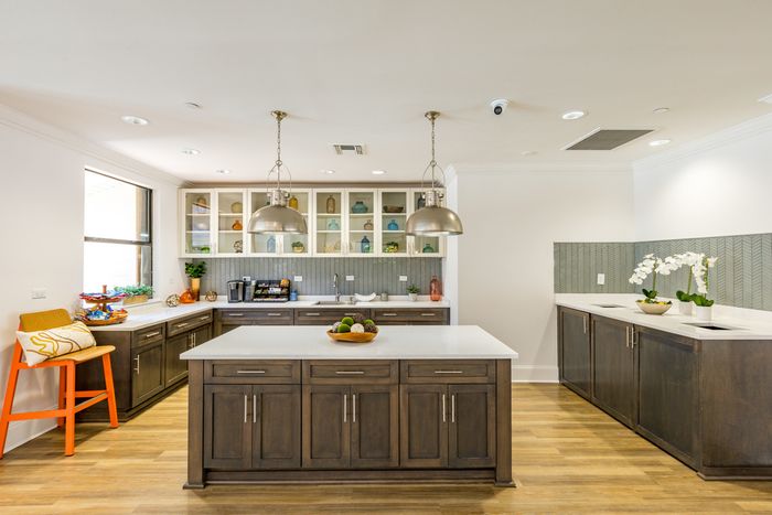 furnished clubroom with island kitchen
