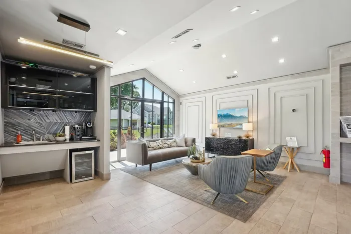 Furnished clubroom with coffee bar