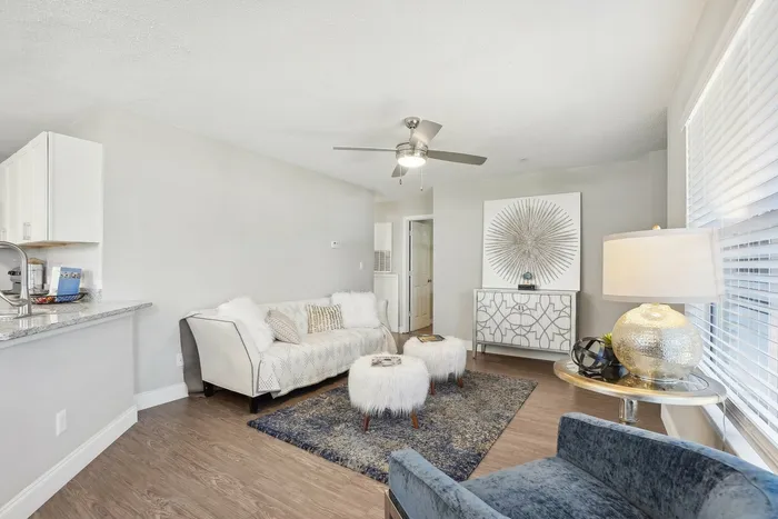 Decorated living room with wood style flooring