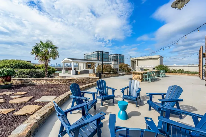 Community sitting area on pool pavilion on sunny day