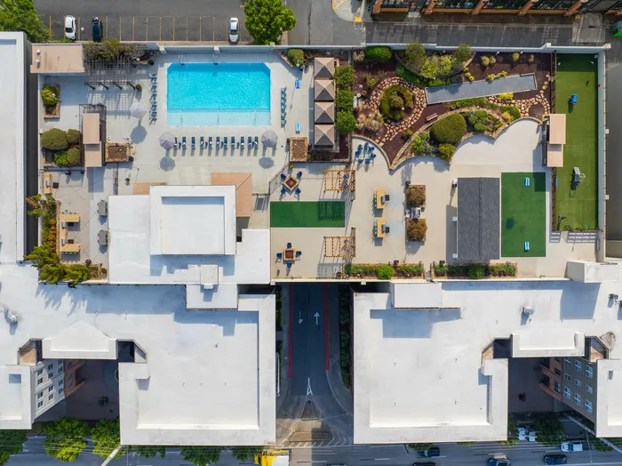 Aerial shot of pool pavilion