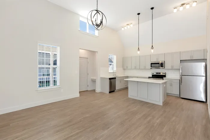 Dining area, living room, and kitchen