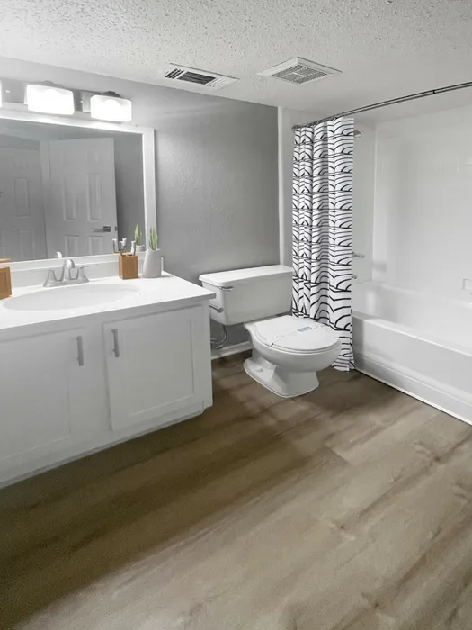 rendering of furnished bathroom with toilet, sink, counter and bathtub
