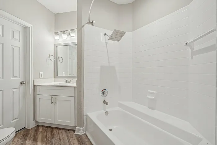 Bathroom with large tub/shower with sink and mirror