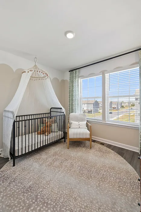 Furnished baby nursery bedroom with crib and window and rug