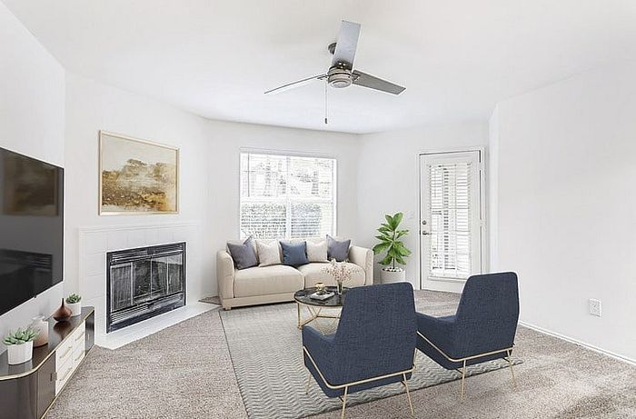 Furnished living room with fireplace