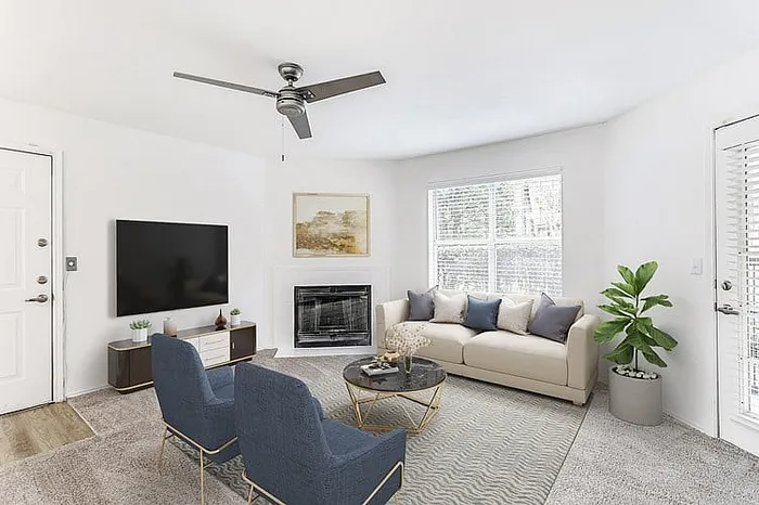 Furnished living room with fireplace